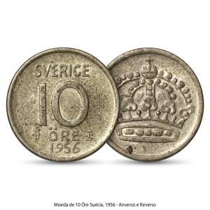 Moeda Prata Suécia 10 Öre 1956 - Rei Gustaf VI Adolf MBC