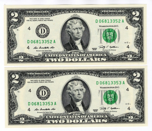 Par Sequencial de Cédulas – 2 Dólares Americanos (2 Dollars 2009) - Flor de Estampa