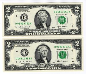 Par Sequencial de Cédulas – 2 Dólares Americanos (2 Dollars 2009) - Flor de Estampa
